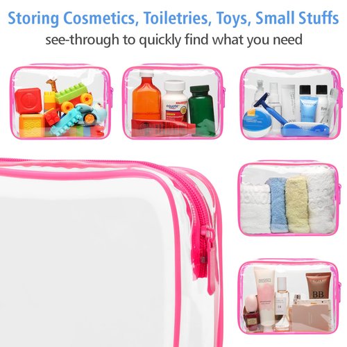 PACKISM Clear Makeup Bags, 4 Pack Quart Size Travel Bag TSA Approved Clear Travel Bags for Toiletries, Clear Cosmetic Bags Carry on Clear Toilety Bag TSA Approved Toiletry Bags, Rose Red
