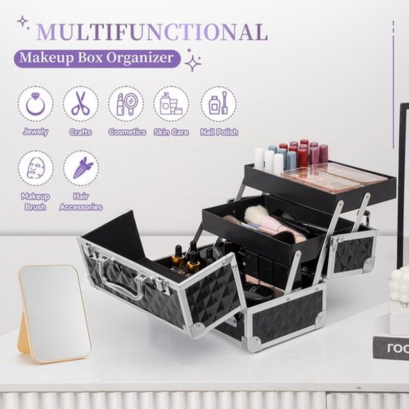 Leeora&Leekoo Makeup Train Case Cosmetic Box Portable Makeup Case Organizer 2 Trays Makeup Storage with Mirror for Cosmetologist Aesthetic Supplies Nail Tech Traveling Makeup Box (Watercube)