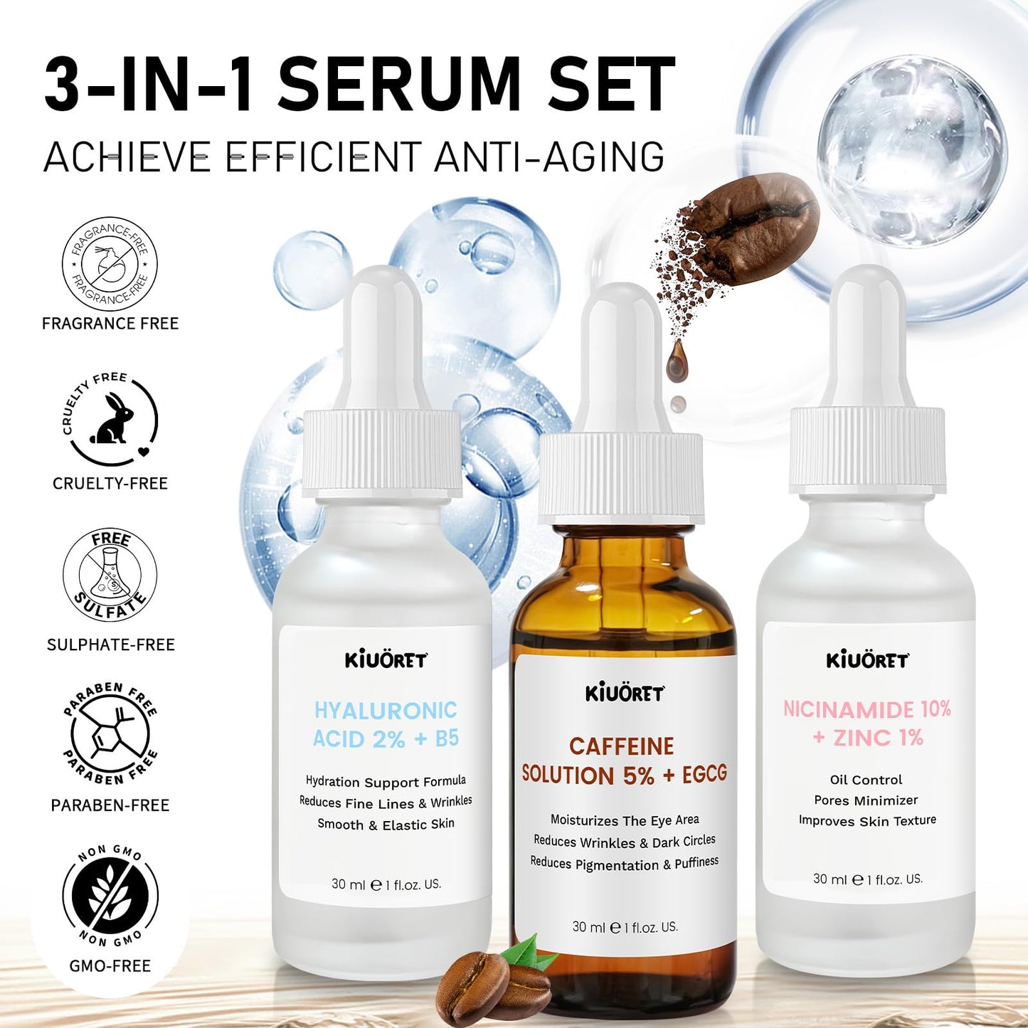Advanced Face Serum Set 3 PCS - 5% Caffeine Solution + Niacinamide + Hyaluronic Acid Serums - Anti-Aging Serum Reduces Wrinkles, Minimizes Pores & Firming, Improves Texture for All Skin Types