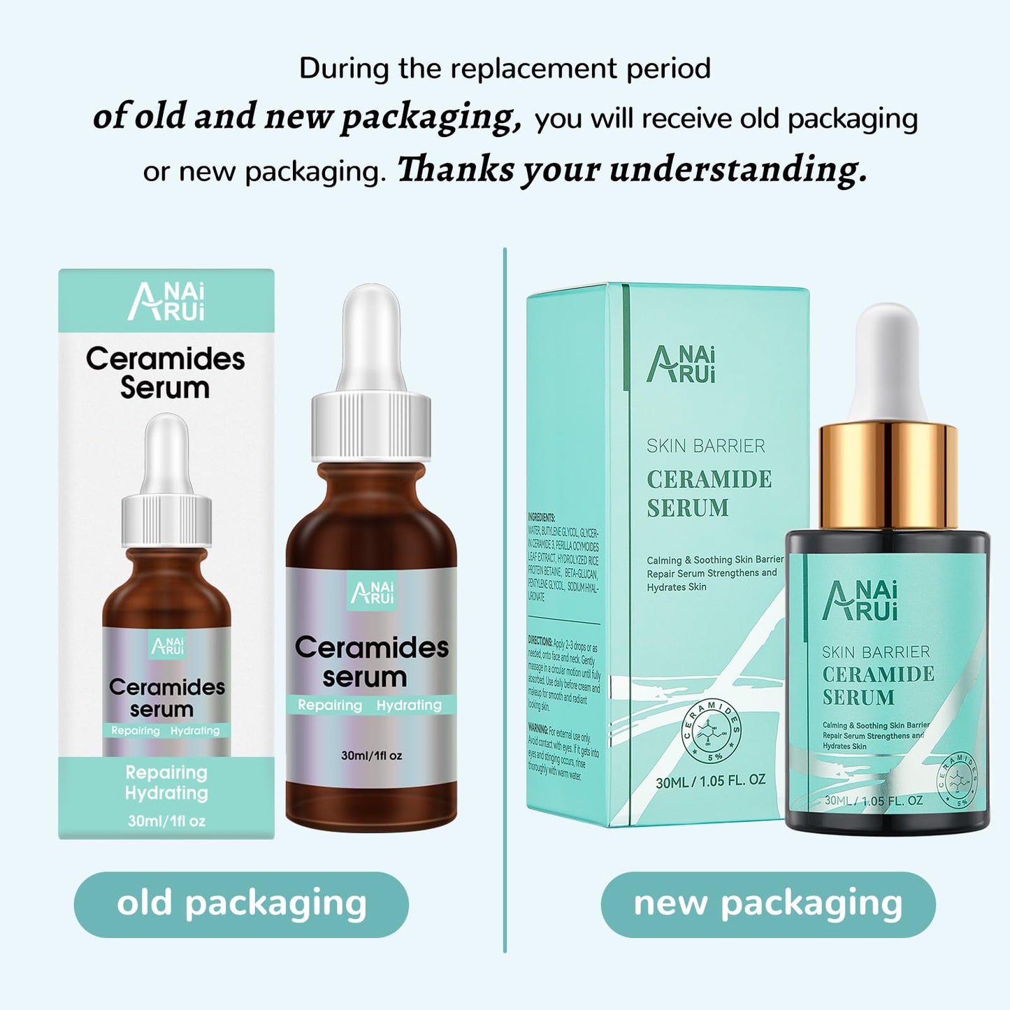 ANAI RUI 5% Ceramide Serum for Sensitive Skin | Skin Barrier Repair & Deep Hydration | Hyaluronic Acid + Rice Protein | Calms Redness & Dryness | All Skin Types | 1.05 Fl.oz