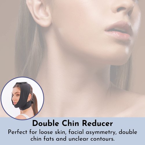 Post Surgery Facial Compression Neck Coverage Chin Strap, V-Shaped Face Slimmer, Jowl Tightening Chin Lifting Double Chin Reducer Band (S/M, Black)