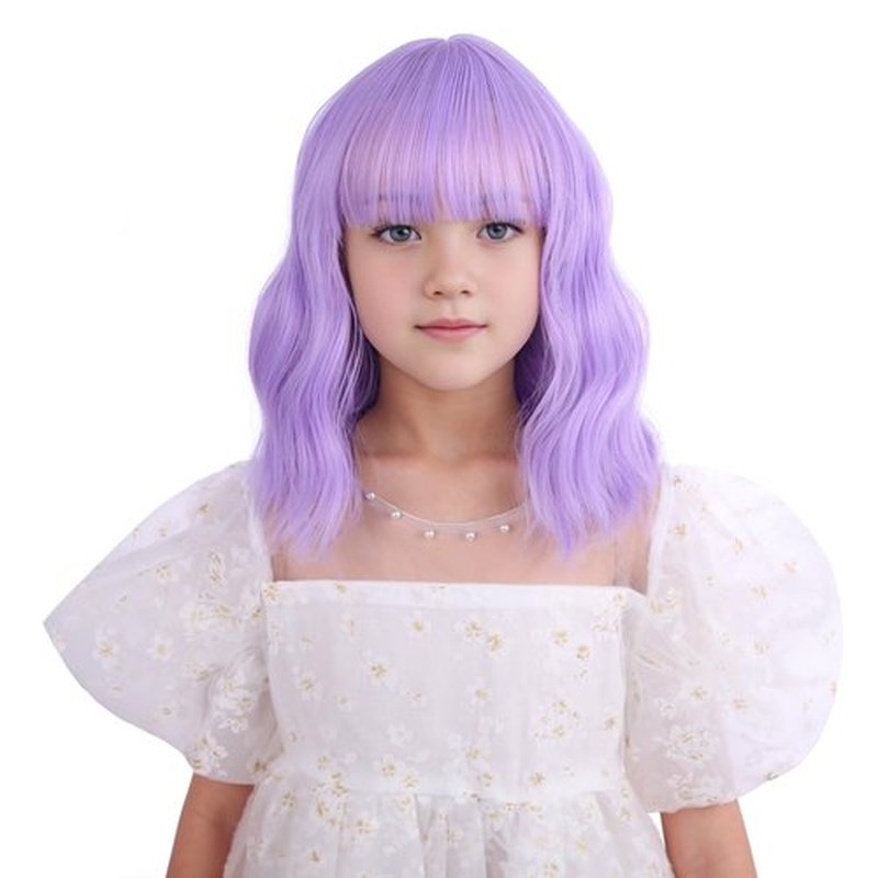 DUDUWIG Kids Light Purple Wig Girls Short Purple Wavy Curly Wigs with Air Bangs Synthetic Cosplay Hair Wig