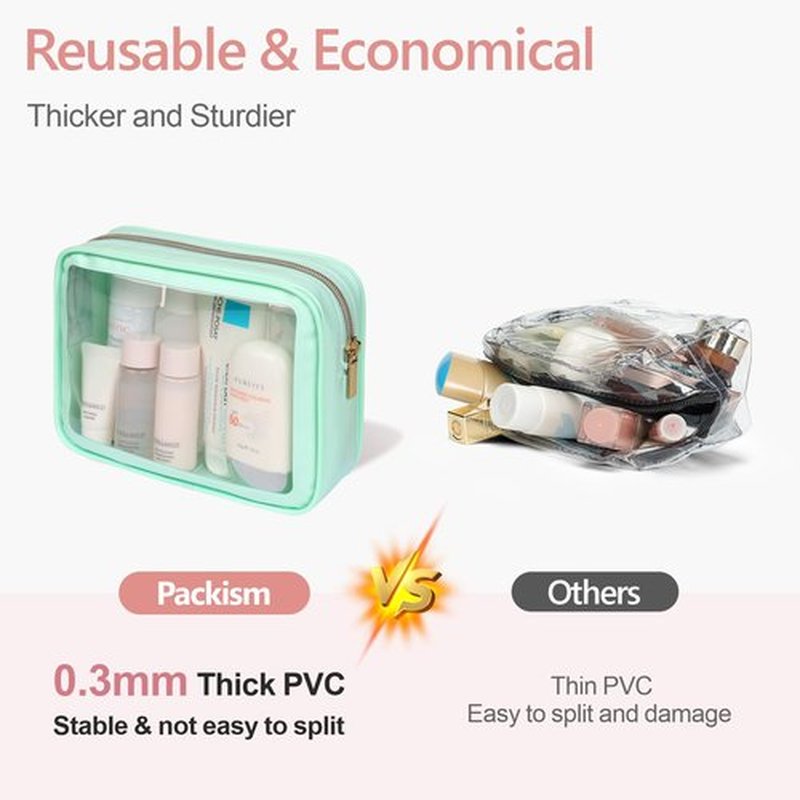 PACKISM TSA Approved Toiletry Bag - Amazing Color-Edged Clear Makeup Bag, 3 Pack in Spacious Space, Reusable Clear Toiletry Bags with Great Value, Green