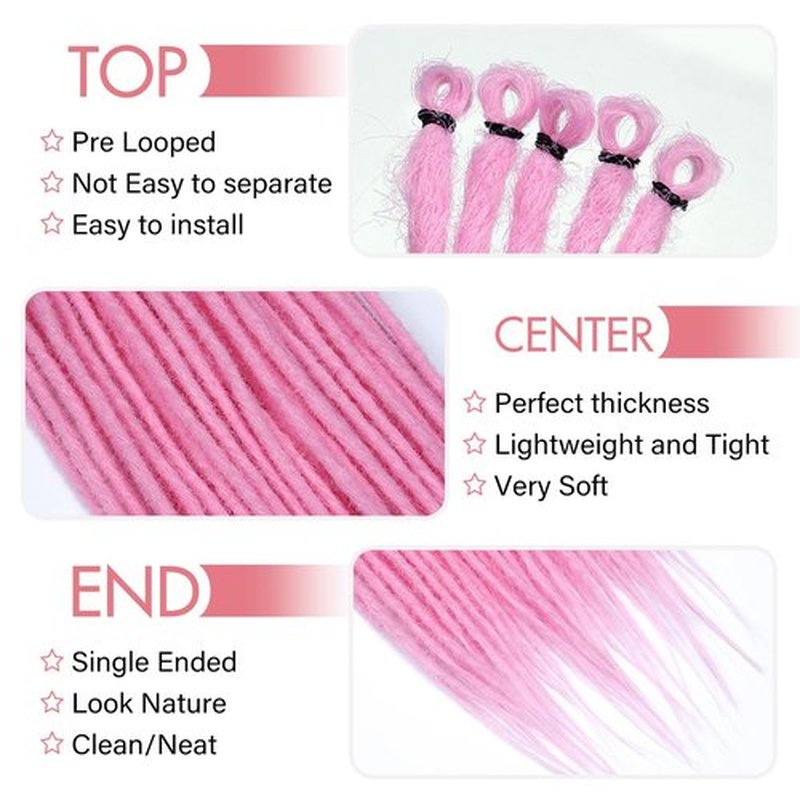 Vecago 24 Inch Dreadlock Hair Extensions, 40 Strands SE Thin 0.6cm Width Dreadlock Extensions, Synthetic Handmade Soft Hippie Style Dreadlocks for Woman,Pink