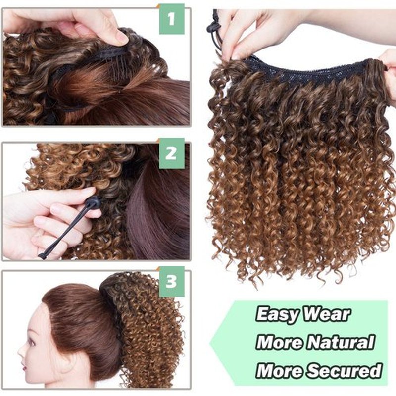 Hairro Afro Kinky Curly Ponytail Extensions Short Synthetic Hair 8 Inch Drawstring Deep Wave Puff Hairpieces for Black Women Ombre 1B/30 Auburn