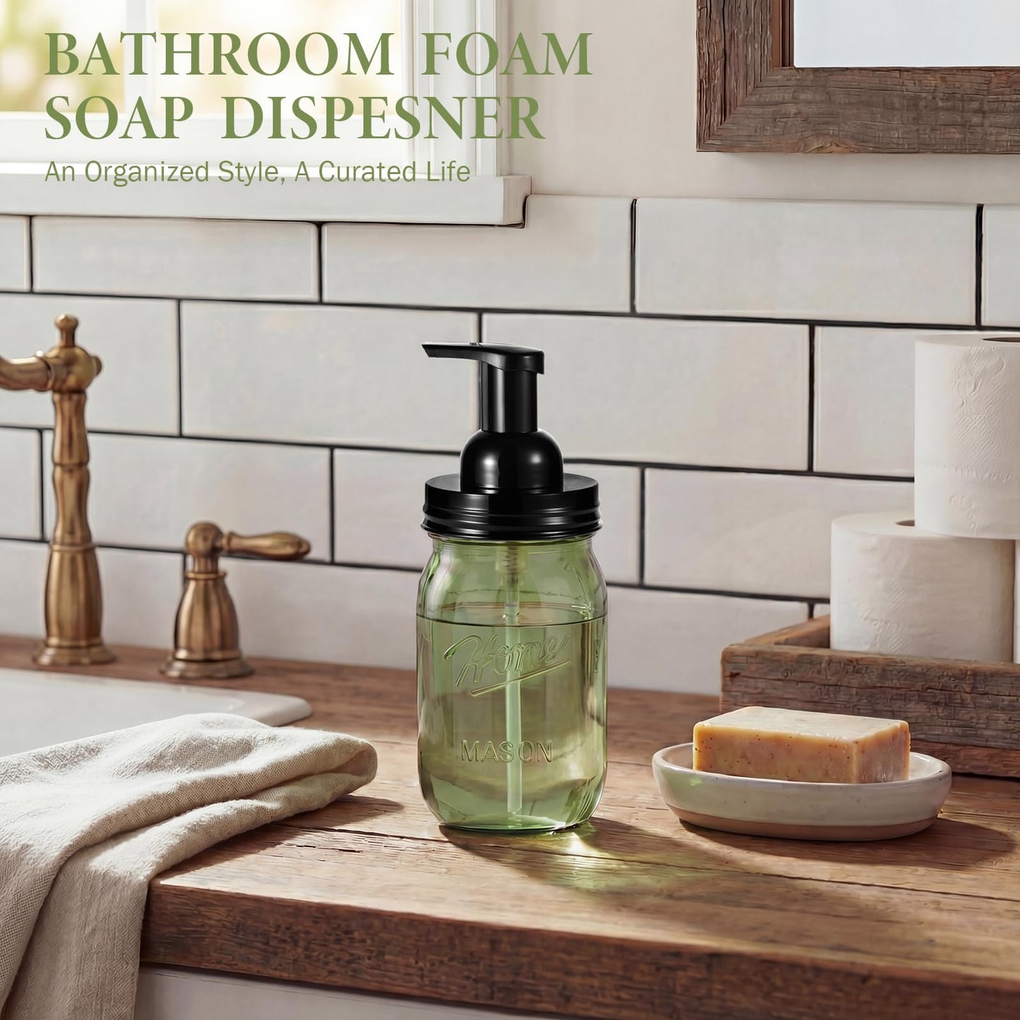 Amolliar Plastic Mason Jar Foaming Soap Dispenser Pump Lid, 16oz Foam Soap Dispenser with Cute Lables - Green Refillable Hand Soap Dispenser for Bathroom Kitchen Shower (2 Pack, Black)