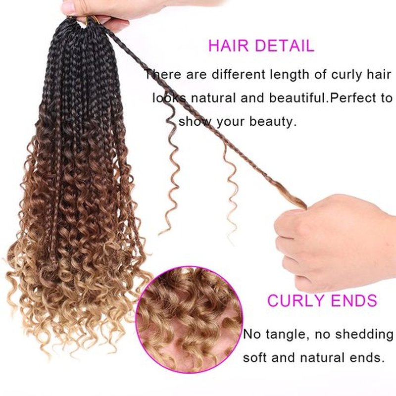 Unionbeauty 8 Packs 14 Inch Boho Box Braids Crochet Hair with Curly Ends Bob Bohemian Hippie Braids Pre-looped Messy Goddess Box Braids Hair Ombre Synthetic Braiding Hair Extension for Black Woman 53#