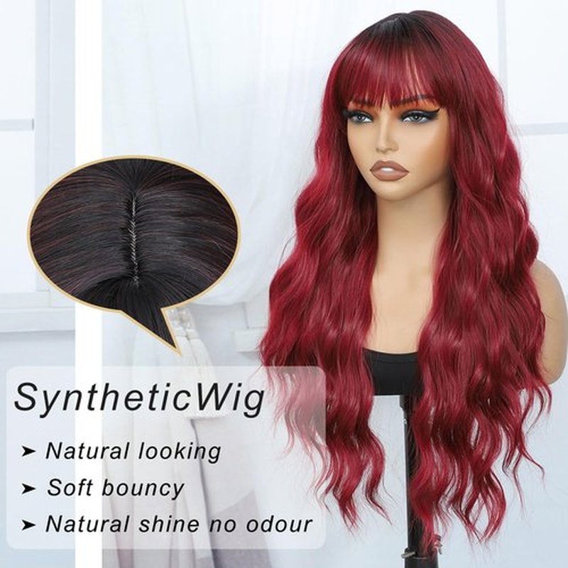Amarlis Wine Red Wavy Wig for Women, 24 Inch Ombre Burgundy Curly Wigs with Bangs Natural Looking Heat Resistant Synthetic Fiber Wig