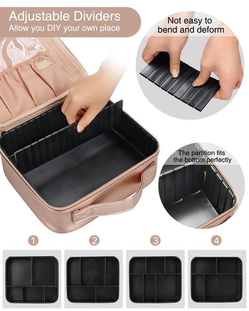Relavel Travel Makeup Train Case Makeup Cosmetic Case Organizer Portable Artist Storage Bag with Adjustable Dividers for Cosmetics Makeup Brushes Toiletry Jewelry Digital (Rose Gold)