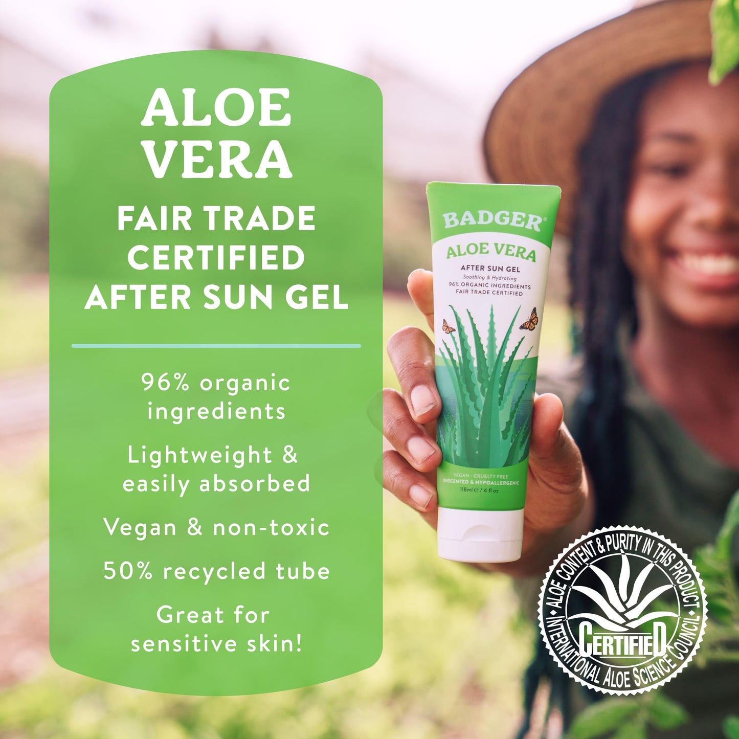 Badger Organic Aloe Vera Gel for Face & Body, 96% Pure Unscented Organic Aloe Gel for Cooling, Soothing, Non-Sticky Sunburn Relief, Vegan, Fair Trade & Hypoallergenic, 4 fl oz