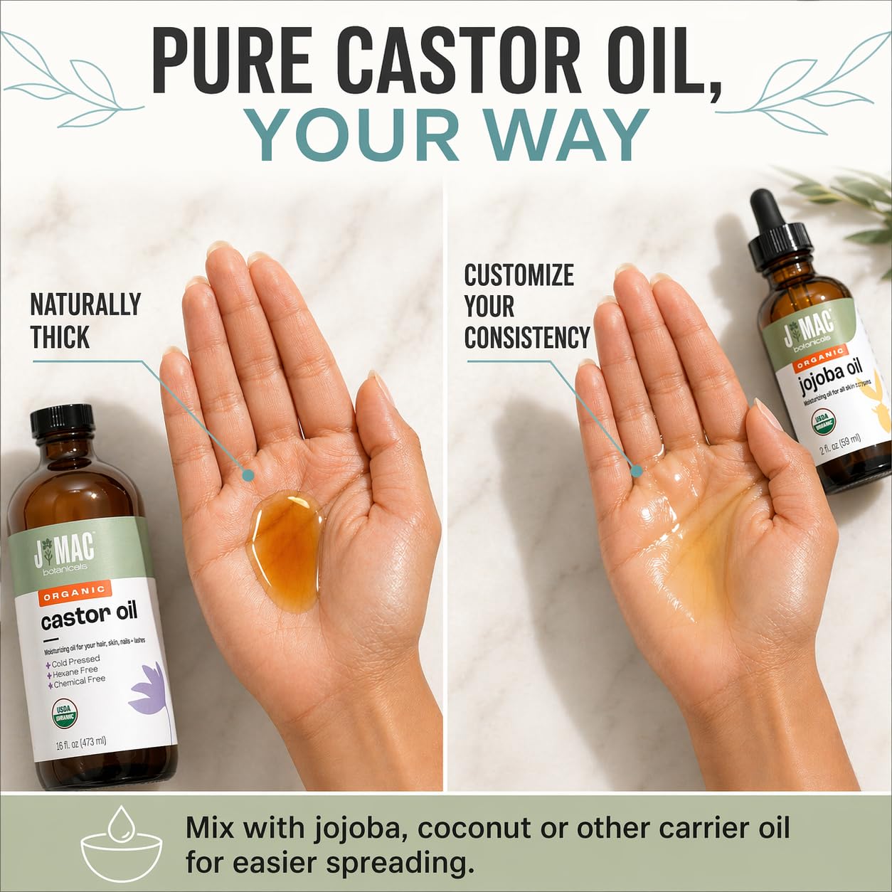 J MAC BOTANICALS Organic Castor Oil Cold Pressed in Amber Glass Bottle (4 oz with Dropper) USDA Certified, Hexane Free - Moisturizing Oil for Hair, Skin, Face, Eyelashes, Brows, & Nails