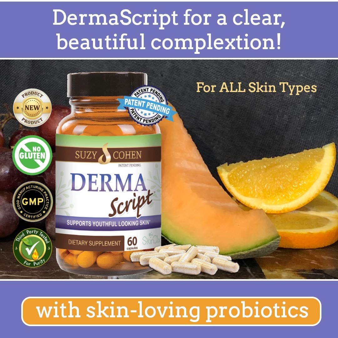 Script Essentials DermaScript Clear Skin Probiotic- Skin Care Routine Supplement - Biotin Face Supplemnt - Fights Acne, Dryness, Irritation and Rashes (60 Capsules)
