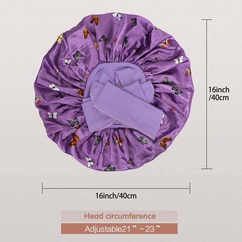 Arqumi Satin Silk Bonnet for Sleeping Women - 2 Pcs Large Long Strap Tie Band Adjustable Sleep Night Shower Cap Hair Bonnet Wrap for Men Reusable, Butterfly Pattern Purple+ Black
