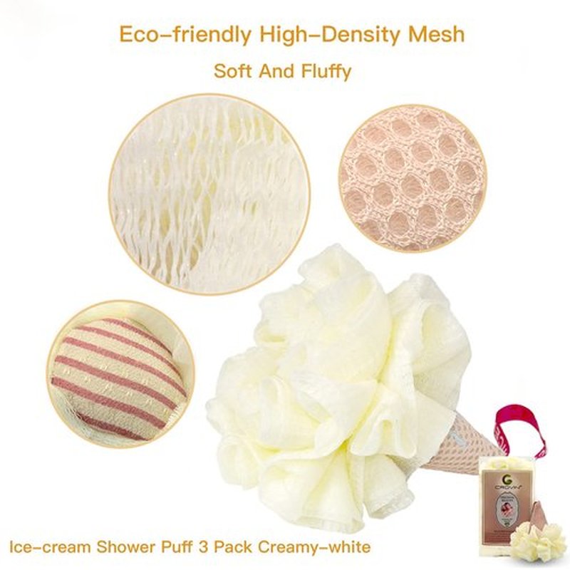 CROVIN Ice Cream Bath Sponge Pouf (Set of 3)-Creamy White Soft Mesh Puff Exfoliating Shower Sponge Ball Body Scrubber for Adults, Children