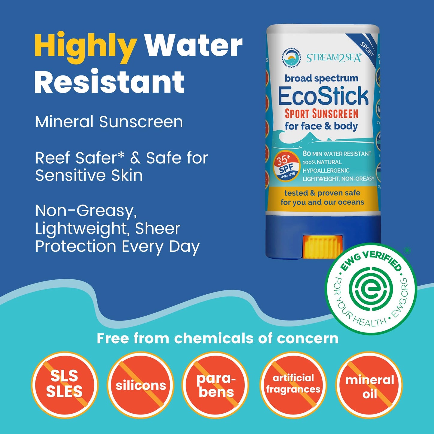 STREAM 2 SEA EcoStick SPF 35 Mineral Sunscreen Stick, Sweat Water Resistant Sunblock, USDA Approved Biodegradable Paraben Free Reef Safe Sunscreen Protection UVA UVB (EcoStick WildBlue) 0.5 oz