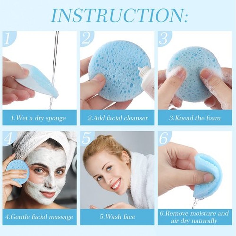 120 Pcs Compressed Facial Sponges Natural Face Exfoliator Disposable Face Sponges for Cleansing Round Soft Facial Scrubber Pads with Storage Container for Makeup Removal Travel (Light Blue)