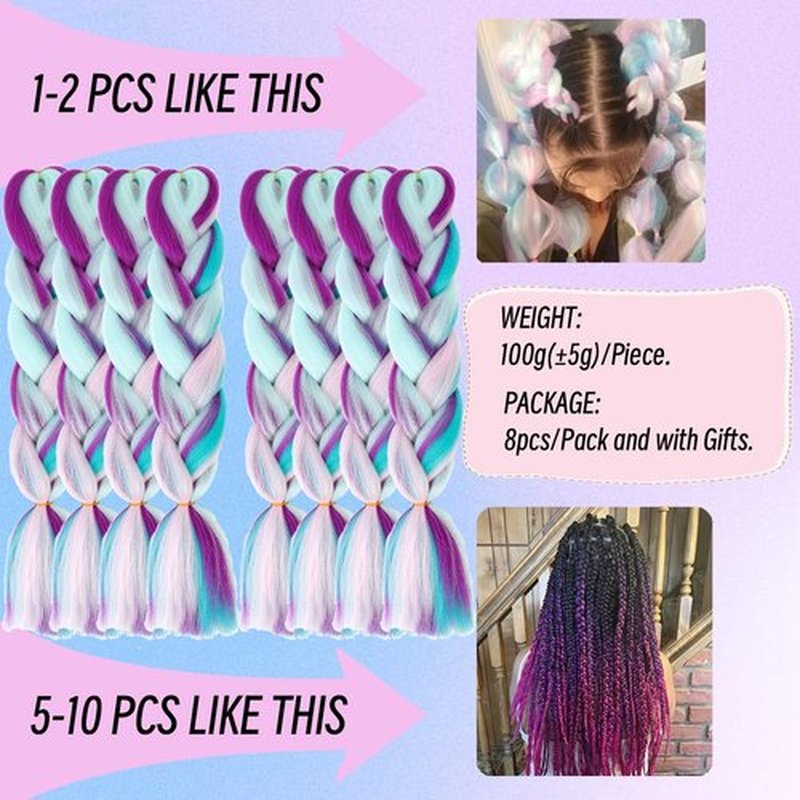 Braiding Hair 24 inch Fiber Mix Four Colorful Pre Stretched Hair Extensions Rainbow Colors Synthetic Hair Blue- Purple-Pink Soft Healthy Wig For Daily Party (24 Inch, Pack of 8)