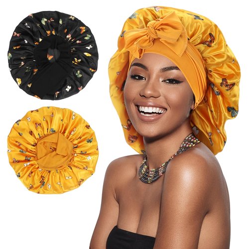 Arqumi Pack of 2 Satin Sleeping Bonnet, Large Satin Sleep Bonnet, Long Strap, Adjustable Sleep Cap Hair Bonnet, Butterfly Pattern Black+Yellow