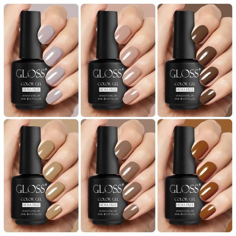 GLOSS Beige Gel Nail Polish Set | 6 Pcs HEMA Free Gel Polish with Beige, Taupe, Amber, Brown, Light brown & Brown Caramel Colors, Uv LED Gel Polish, Soak off Manicure, at Home Gifts for Women