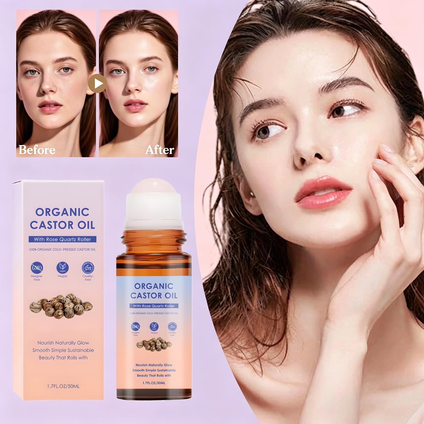 Omexry Organic Castor Oil Rose Quartz Roller Ball - Cold-Pressed Castor Oil Roll On, Rose Quartz Roller Olis for Hair Face & Body, Skin Moisturizing & Reduces Fine Lines (1PC)