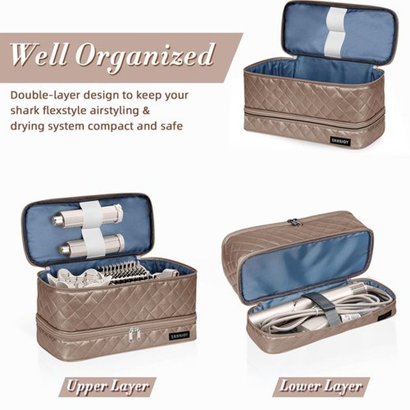 ZRRAJOY Double Layer Storage Case For Shark Flexstyle, Travel Carrying Case For Shark 430/440 Flexstyle, Organizer Bag For Shark Flexstyle/Dyson Airwrap Styler Attachments (Bronze)
