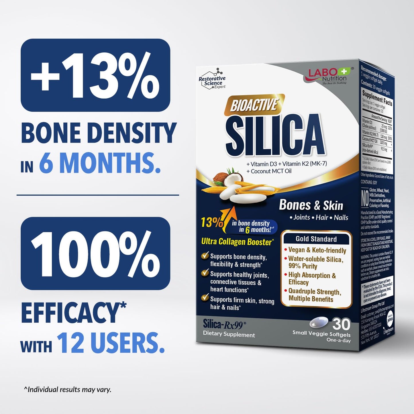 LABO Nutrition Bioactive Silica — 99% Purity Rice-Derived Silica-Rx99 for Bone Health, Joint Flexibility & Collagen Support — with Plant Vitamin D3, K2 MK-7 & MCT Oil, 30 Vegan Softgels