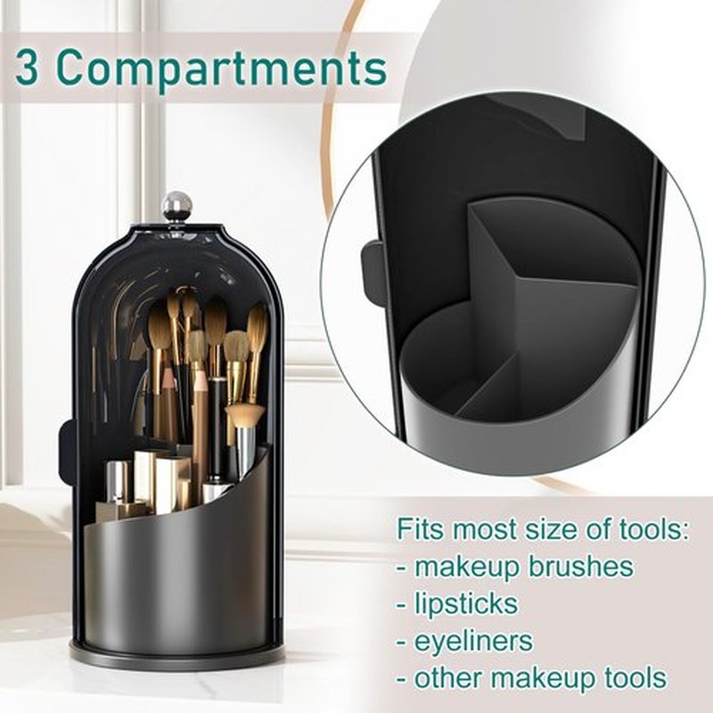 GAXmi Makeup Brush Holder with Lid Cosmetic Tools Organizer 360 Rotating Waterproof Dustproof Makeup Brushes Storage for Vanity, Dark Black