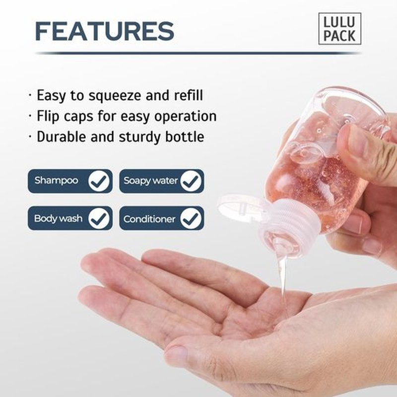Lulupack Travel Bottles for Toiletries, 50ml/1.6oz Plastic Small Travel Size Containers for Shampoo (9pcs, Clear Caps)