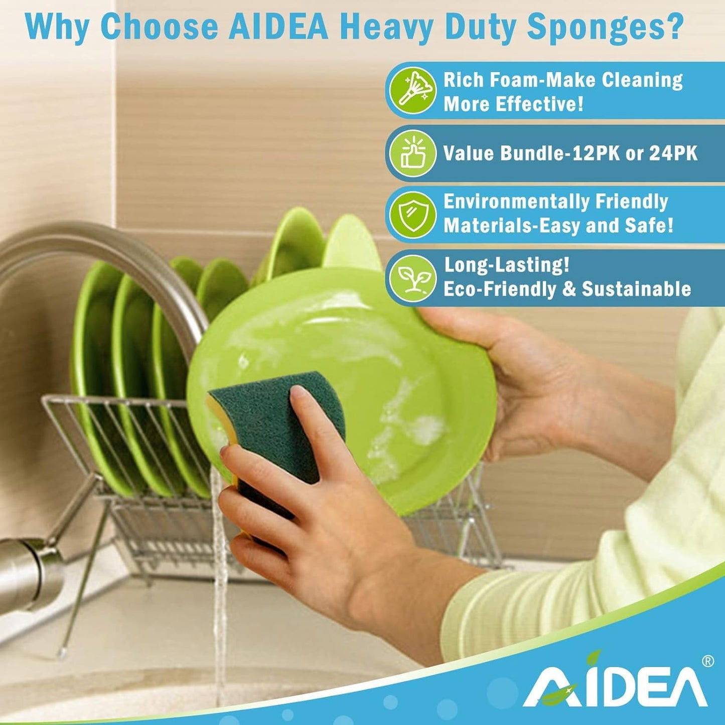 Heavy Duty Kitchen Sponges - 24 Pack Stink-Free Dish Scrubber for Home & Pots/Pans Cleaning