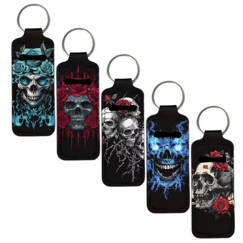 SEANATIVE Gothic Skull 5PCS Chapstick Holder Key Chain Cute Lip Balm Holder Keychain Clip on Lipstick Lip Gloss Keychain Sleeve Holder for Travel Accessories