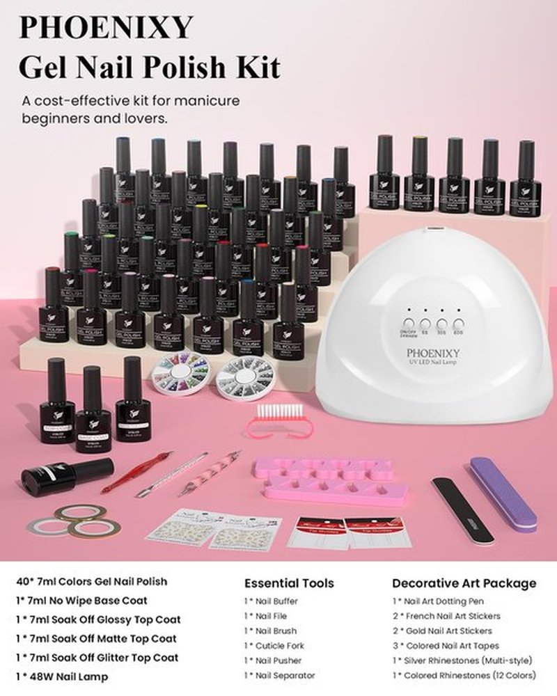 PHOENIXY 61 PCS Gel Nail Polish Kit with U V LED Light, 40 Colors Gel Nail Polish Set with 48W U V LED Nail Lamp Manicure Starter Gel Nail Kit Base Top Coat Gifts for Women SS9010
