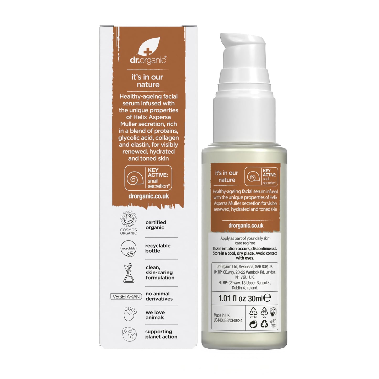 Dr. Organic Snail Gel Facial Serum | Hydrates and Restores Skin, Reduces Fine Lines, Natural, Certified Organic, Paraben & SLS-Free, 30 mL / 1 fl oz