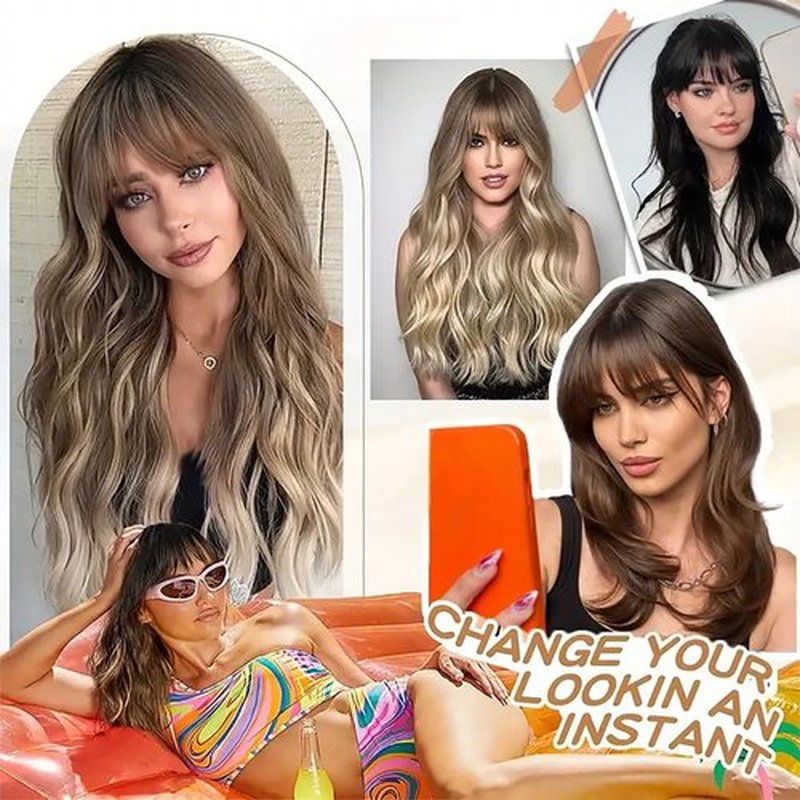 Auburn Wig with Bangs 26 Inches Long Wavy Curly Wig for Women Synthetic Wigs Ombre Auburn Wig with Bangs Long Wavy Wig Hair Dark Root Synthetic Wigs Heat Resistant Fiber Ombre Auburn wigs for women