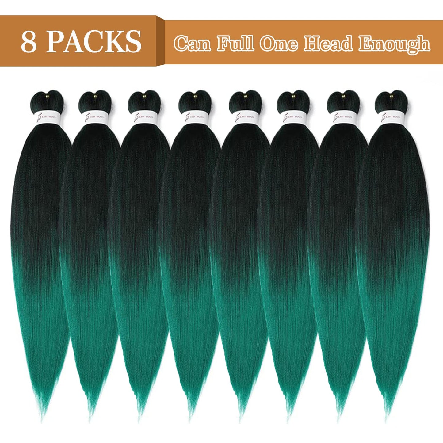 Pre-Stretched Braiding Hair, 20 inch Braiding Hair 8 Packs Ombre Black to Green Professional Soft Yaki Texture,No Itch, Hot Water Setting Hair Extensions for Braids (20in,1B/Green)