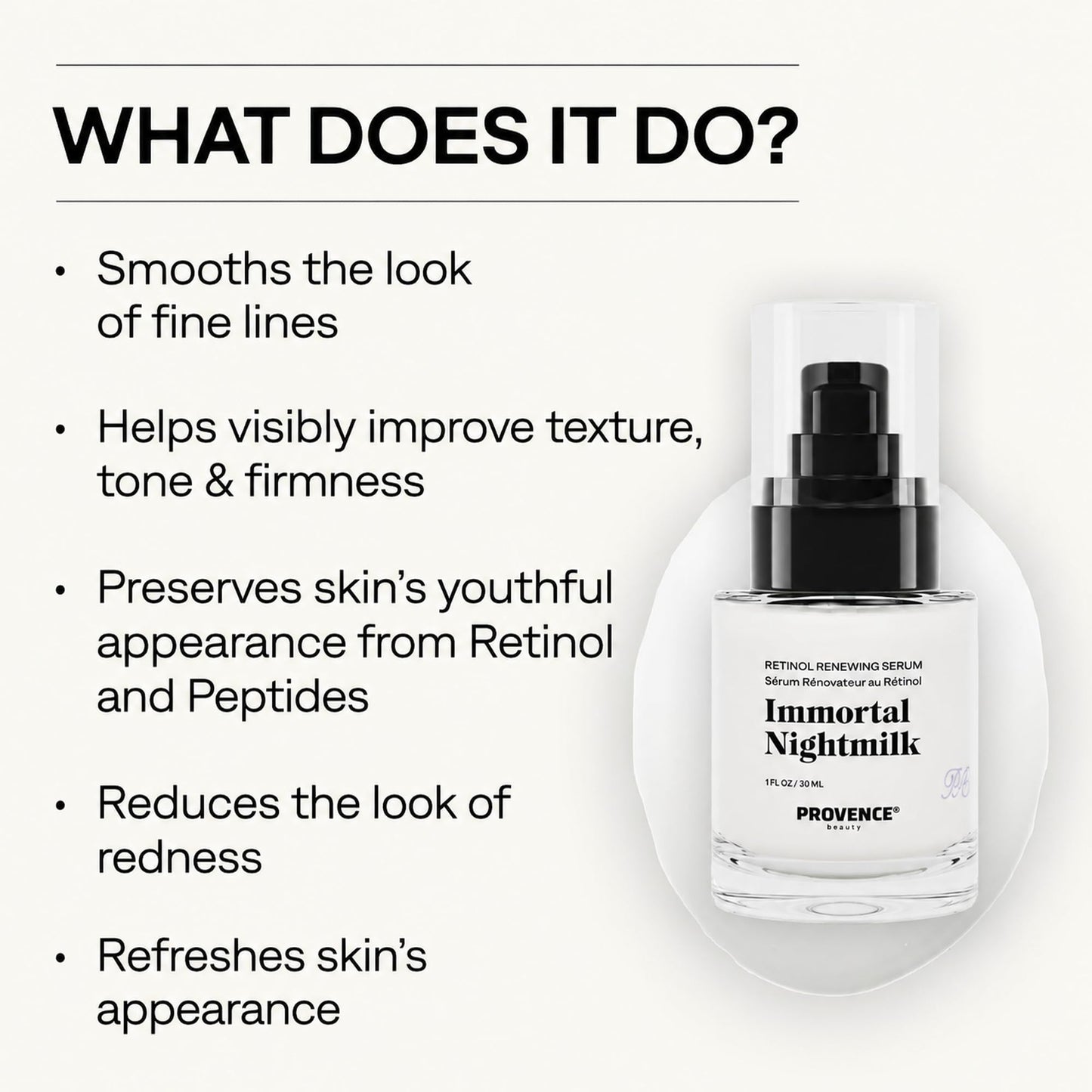 Provence Beauty Immortal Nightmilk Retinol Renewing Face Serum – A Gentle 0.5% Retinol with Niacinamide & P5 Peptide – Smooths Texture, Improves Tone & Firms Skin – 1 fl oz