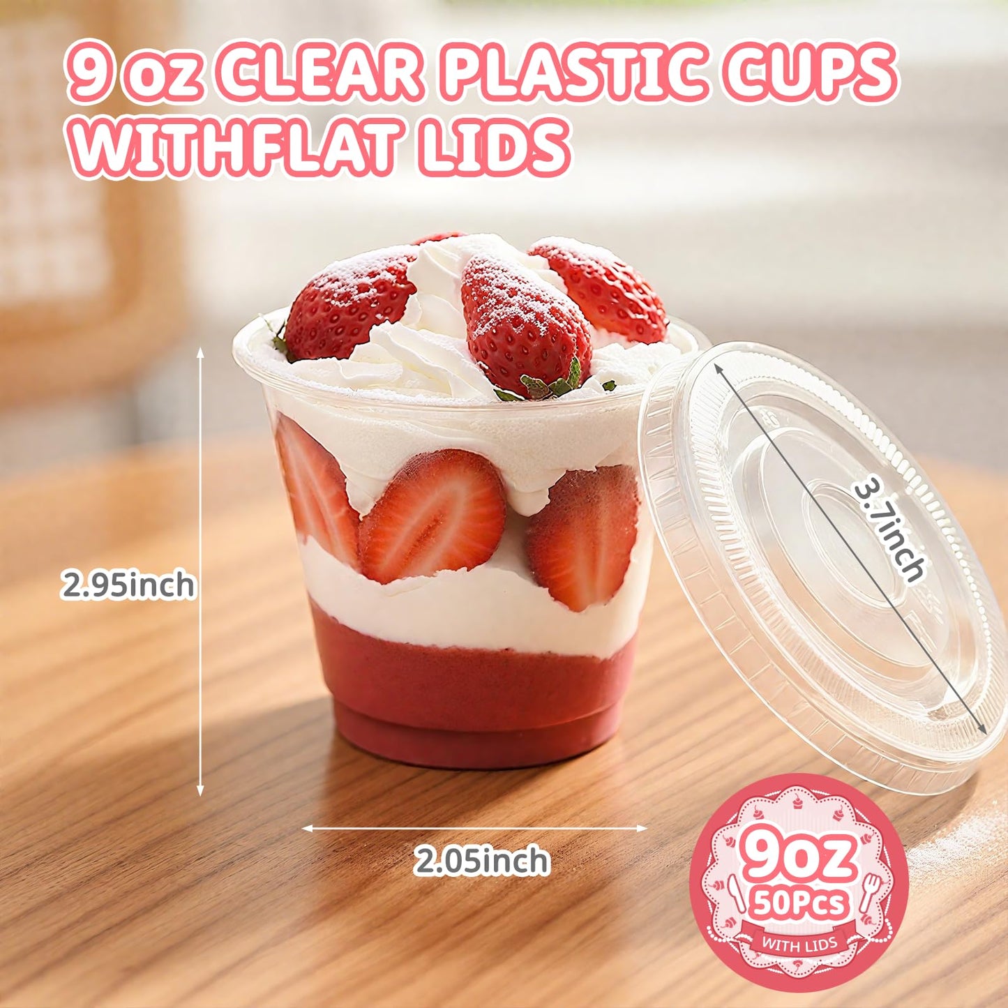 Cayxenful 50 Packs 9oz Disposable Dessert Cups with Lids No Hole, Clear Plastic Cups with Lids for Ice Cream, Cake, Snacks, Fruit, Cold Drinks, Smoothie, Pudding, Salad