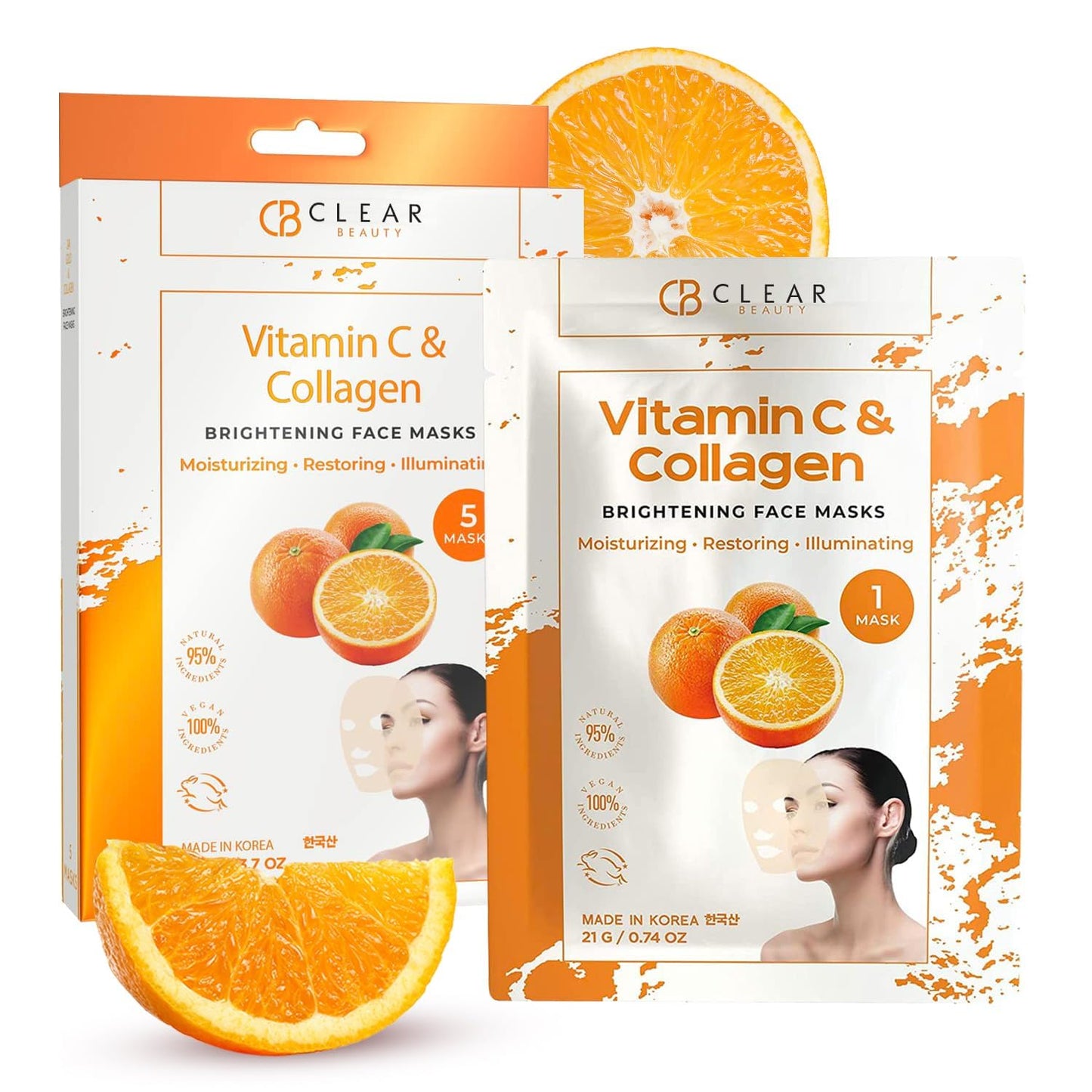 Clear Beauty Vitamin C & Collagen Face Mask - Dermatologist Tested - Diminishes Fine Lines & Wrinkles, Anti-Aging, Natural Ingredients, Cruelty-Free Korean Skin Care - All Skin Types