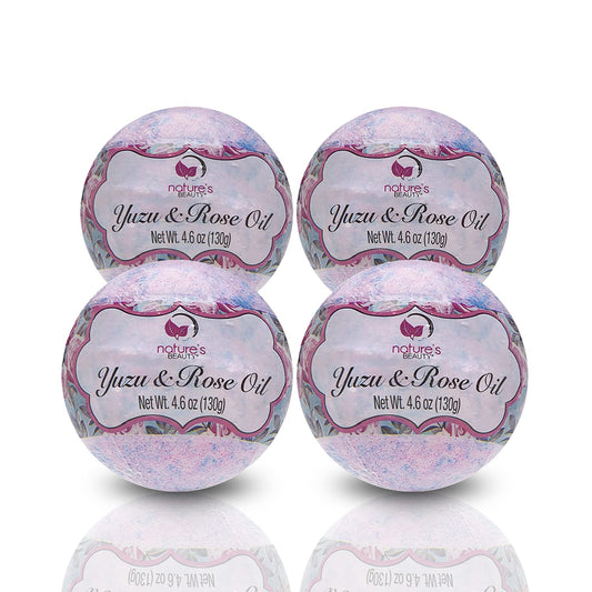Nature's Beauty Yuzu & Rose Oil Bath Bomb Multi-Pack - Natural Hand Crafted, Non-Staining, Luxury Fizzy Spa Bomb, Nourish Dull + Dry Skin, Made w/Coconut Oil + Witch Hazel, 4.6 oz (4 Pack)