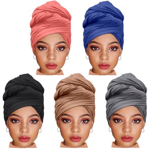 ZRQ 5 Pieces Stretch Headwrap Scarf Jersey Turban Fashion Headwear Boho Extra Long Scarf Soft Breathable Easy Knot Hijab Tie for Black Women (Black,Camel,Denim Blue,Watermelon Red,Dark Grey)