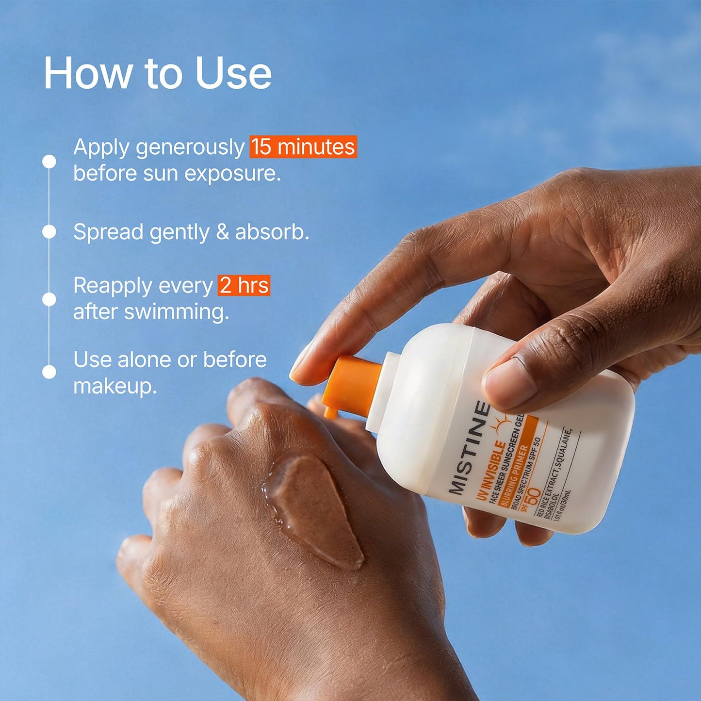 MISTINE Invisible Matte Finish Sunscreen Gel SPF 50, Makeup Primer 2-in-1, No White Cast, Lightweight Blurring Primer, Broad Spectrum for All Skin, Non Comedogenic, Men-friendly 1.01 fl oz/30mL