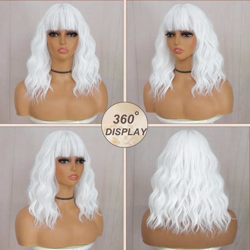 BEAUTIFA White Wig with Bangs for Women 14 Inch Shoulder Length White Wigs Short Bob Wavy Curly Wig Heat Resistant Synthetic Colorful Wig