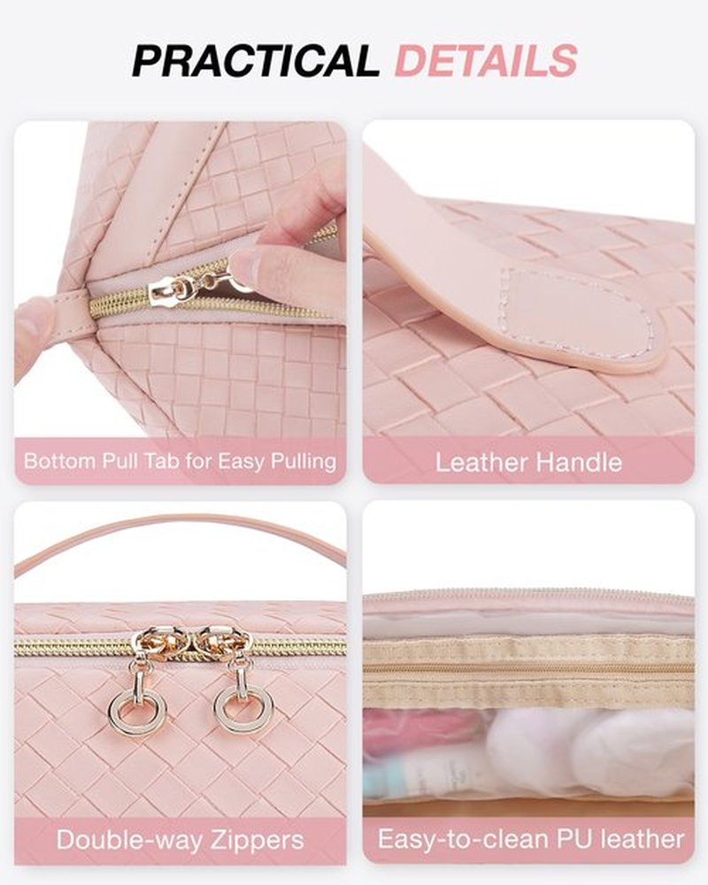 BAGSMART Makeup Bag Cosmetic Bag, Travel Makeup Bag, PU leather Makeup Bags for Women Portable Water-resistent Pouch Open Flat Make Up Organizer Bag for Toiletries, Brushes, Leather Pink