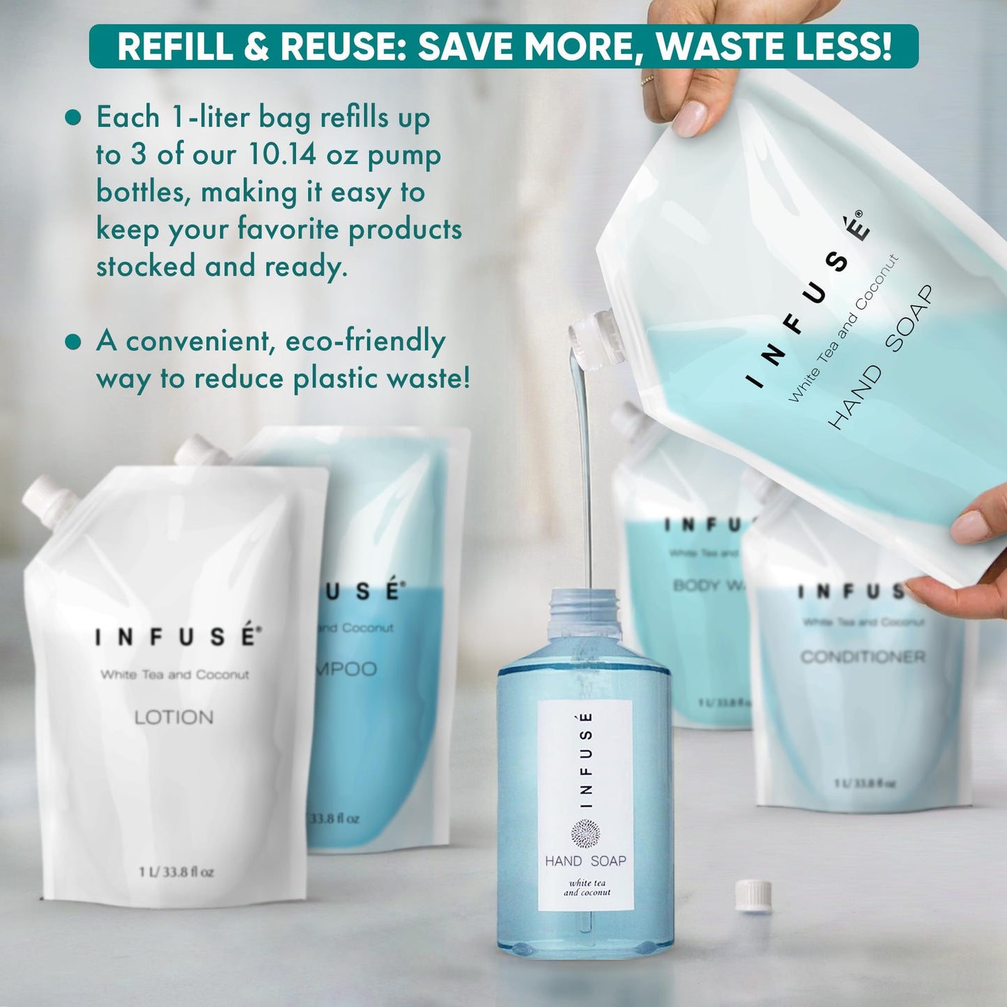 INFUS 1 Liter Hand Wash Refill Bag for Soap Dispensers | Bulk Toiletries for Vacation Rentals and Home Bathroom Showers | White Tea and Coconut | Single