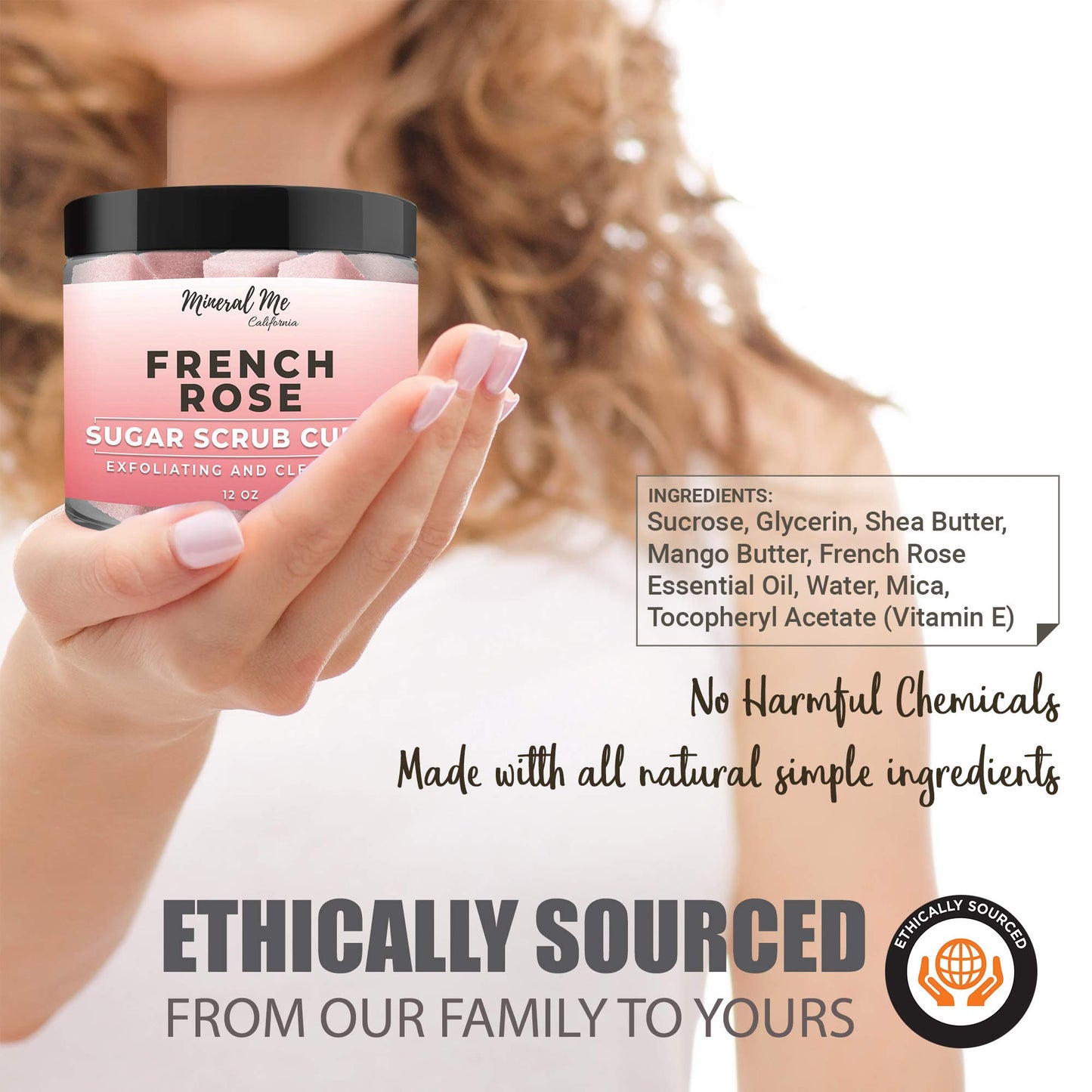 Body Scrub Exfoliator - 12oz FRENCH ROSE Sugar scrub cubes w/Mango Butter & Shea butter- Ultra Hydrating & Moisturizing - Natural & Organic for all body exfoliation- For hands, arms, legs & foot
