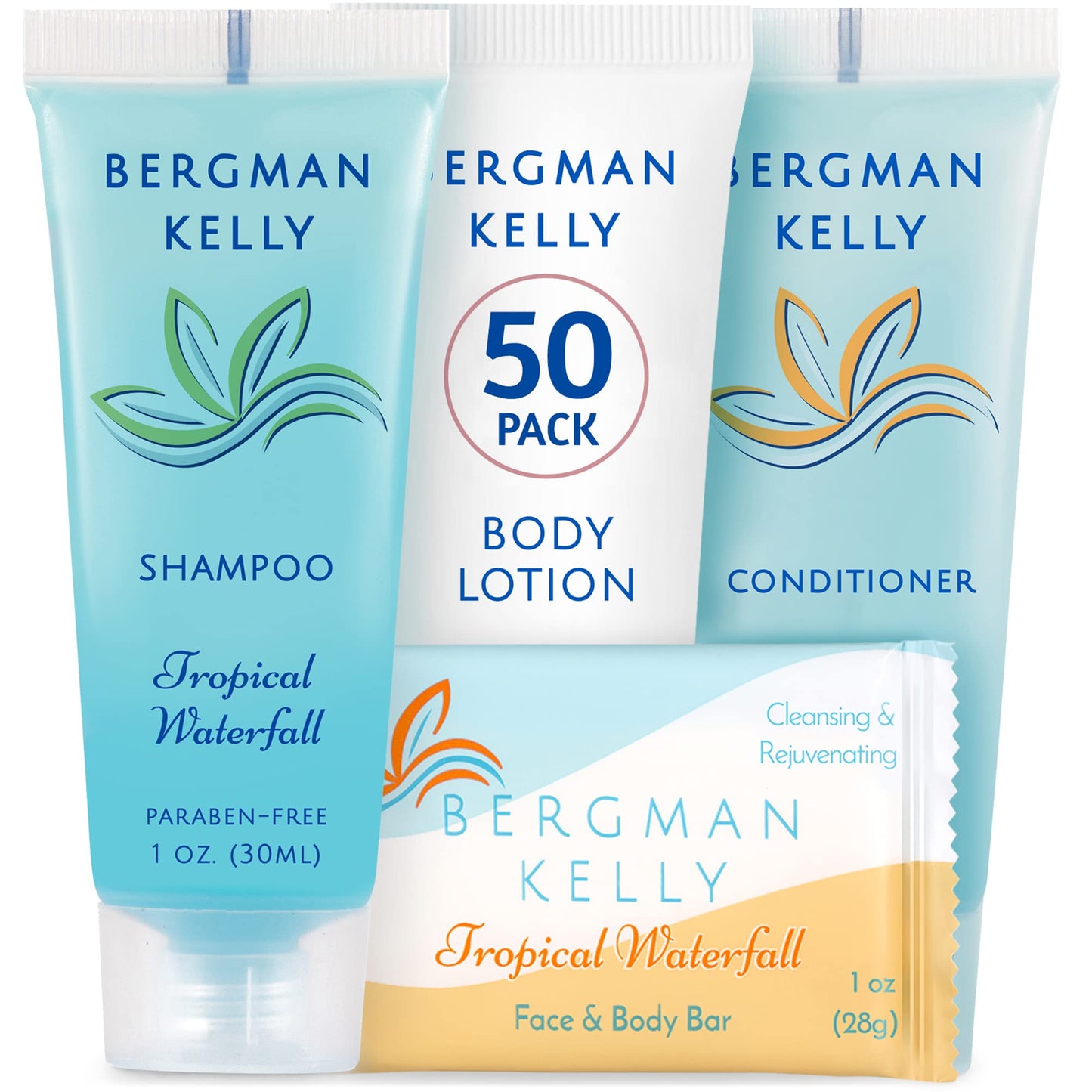Bergman Kelly - Hotel Toiletries Bundle - Tropical Waterfall, 1 oz each, 200 Pieces - 4-Piece Set: 50 Rectangular Bar Soap, 50 Shampoo, 50 Conditioner & 50 Body Lotion - Bulk Mini Guest Amenities