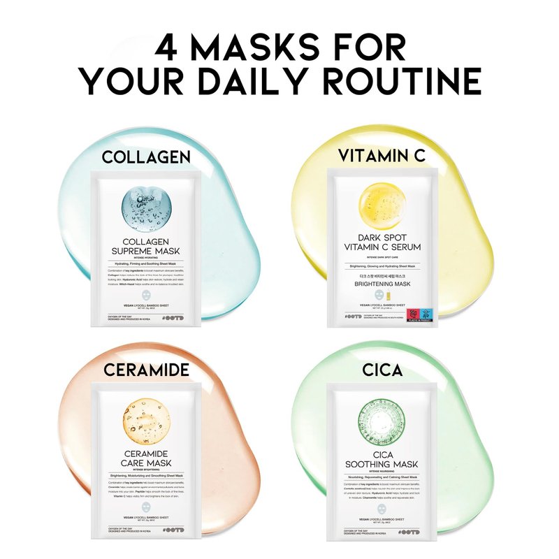 Korean Sheet Masks for Dry Sensitive Skin - Hydrating & Calming Facial Masks with Collagen, Ceramide, Cica, Vitamin C | 12-Count