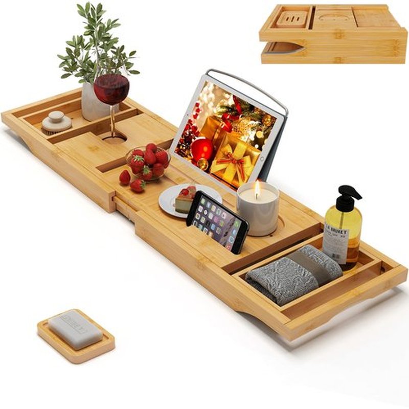 Bamboo Bathtub Caddy Tray Expandable for Luxury Bath, Bath Accessories & Table with Wine Glass Holder, Book Stand Bathroom Organizer with Extending Sides for Men/Women,Natural