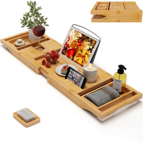 Bamboo Bathtub Caddy Tray Expandable for Luxury Bath, Bath Accessories & Table with Wine Glass Holder, Book Stand Bathroom Organizer with Extending Sides for Men/Women,Natural