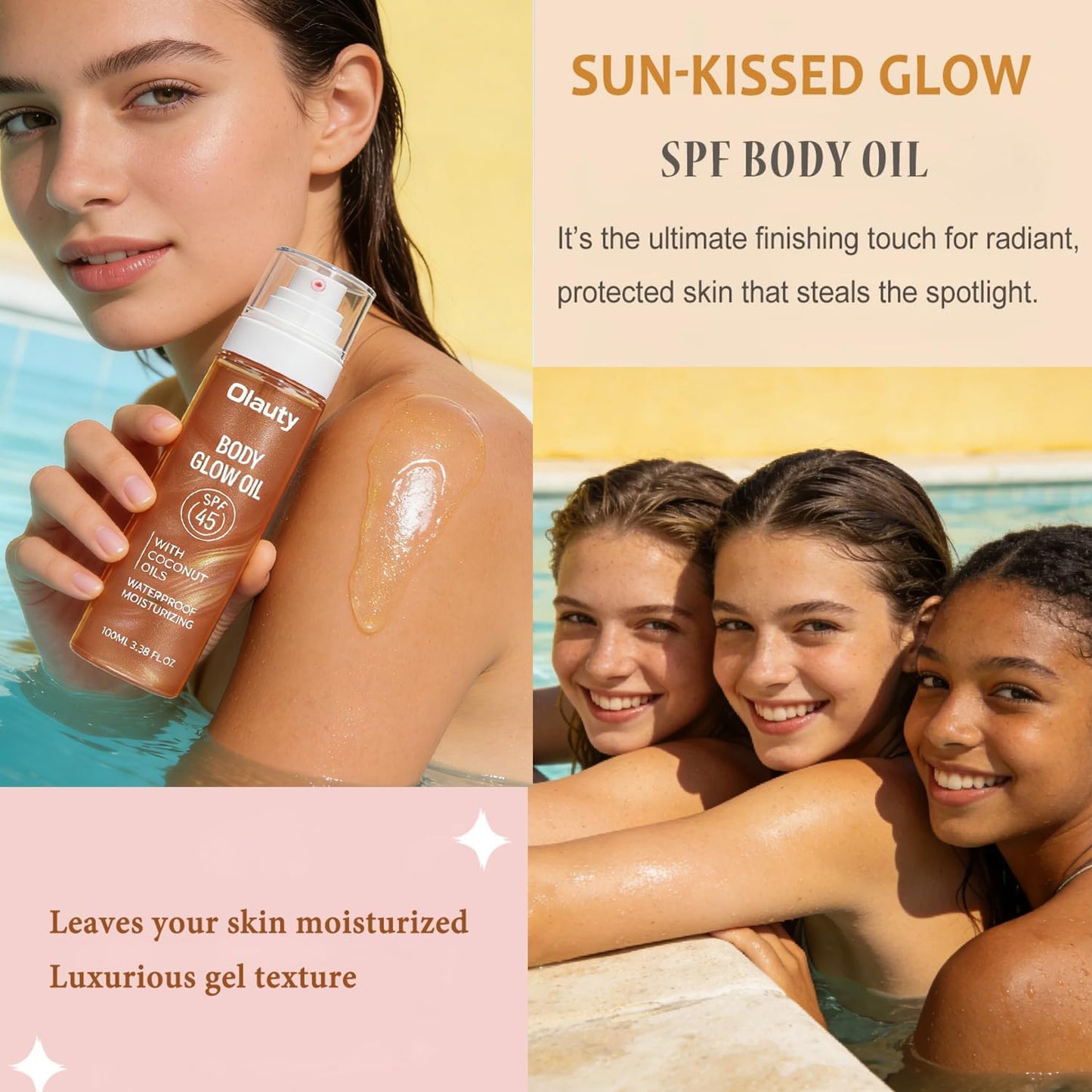 SPF Body Oil SPF 45, Shimmer Body Oil with Coconut Oils