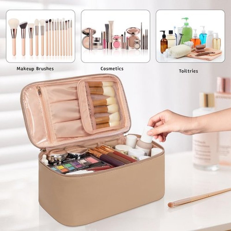 OCHEAL Makeup Bag, Travel Makeup Bag Waterproof Cosmetics Organizer Make Up Bag Case,Toiletry Bag for Women,Large Capacity for Girls Daily Use Dorm Room Storage with Dividers -Beige Apricot